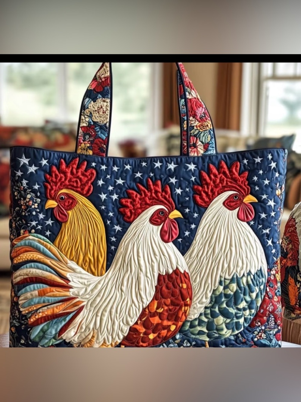 Quilted Rooster Tote Bag in Red, White, Navy